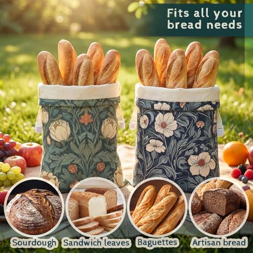 Hushee 2 Pcs Beeswax Bread Bags for Sourdough, XL, William Morris Flower | 13 x 16 Inch Bread Bags for Homemade Bread, Reusable Organic Linen Cotton Storage Bags, Keep Loaves Fresh Longer - style: William Morris Flower