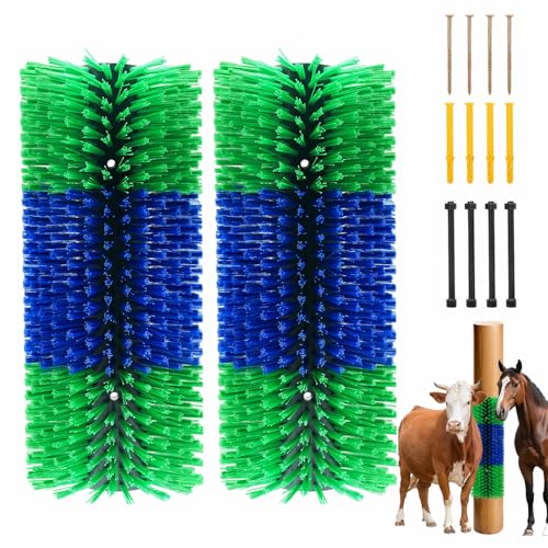 Livestock Scratching Brush 2-Pack, Heavy-Duty Farm Animal Self-Grooming Back Scratcher for Fence or Post Mount, Ideal for Horses, Cattle, Goats, Pigs, Durable Itch Relief Tool - 17.5×7.5 in