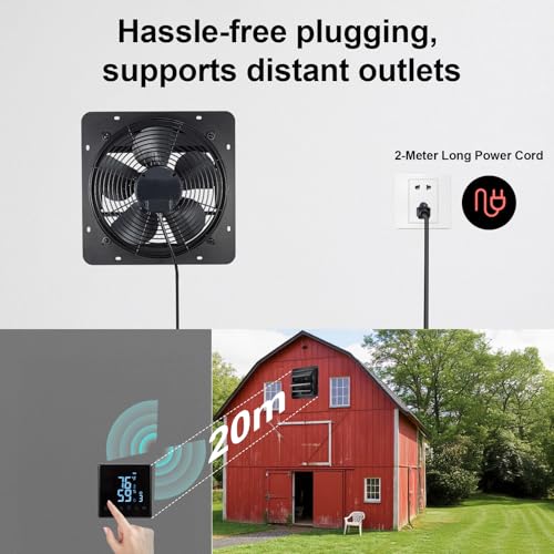 GROWNEER 12 Inch Shutter Exhaust Fan with Temperature Humidity Controller, 1200 CFM Remote Control Vent Fan, 10-Speed Adjustable Wall Mount Attic Fan for Greenhouses Garages Sheds - style: 12 Inch with Temperature Humidity Controller