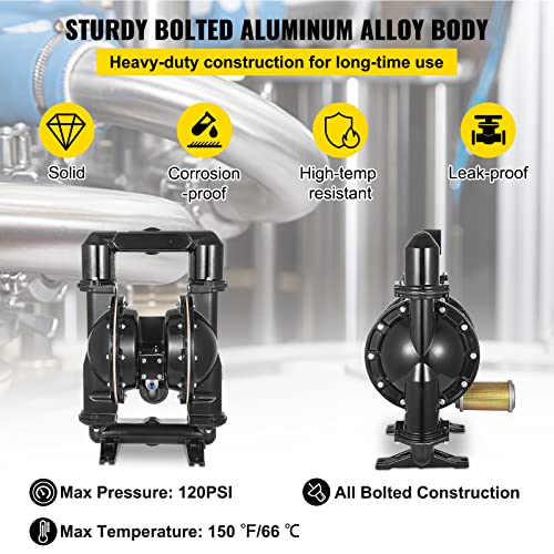 VEVOR Air-Operated Double Diaphragm Pump, 2 inch Inlet & Outlet, Aluminum Alloy Body, 158.4 GPM & Max 120PSI, Nitrile Diaphragm Transfer Pump for Petroleum, Diesel, Oil and Low Viscosity Fluids - size: 75 GPM