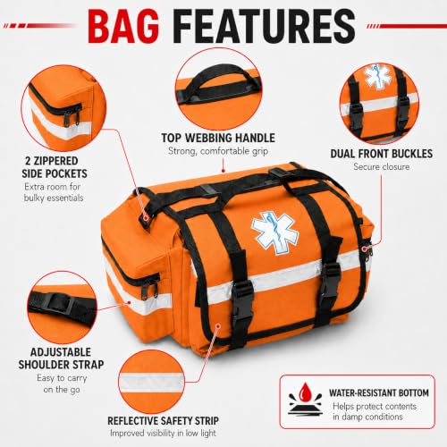 NOVAMEDIC NM-RO63P Professional First Responder Bag, 17” x 9” x 7” Empty EMT Trauma Kit Carrier with Removable Dividers, Reflective Strips, Water-Resistant Base for Emergency Medical Supplies (Orange) - color: Orange