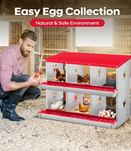 6 Compartment Chicken Nesting Box, Heavy Duty Metal Laying Box with Perch, Easy Assembly & Easy Clean for Outdoor Chicken Coop, Red - color: Red, size: 6 Compartment