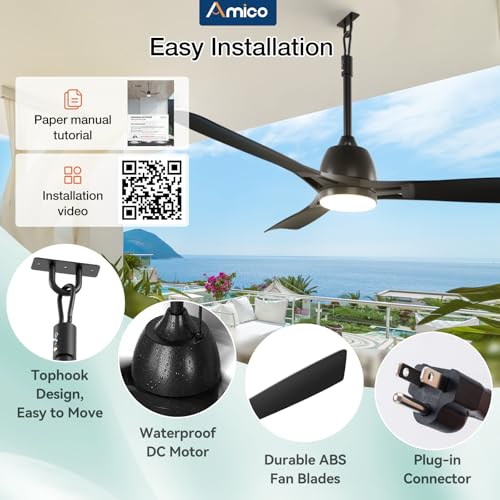 Amico 52" Outdoor Ceiling Fans with Lights, IP65 Waterproof Gazebo Fan | Waterproof, Remote Control, 3000-6000K, 6 Speeds, Hook Hanging Plug in, for Patio Porch Pergola Garage Canopy - size: 52 inch