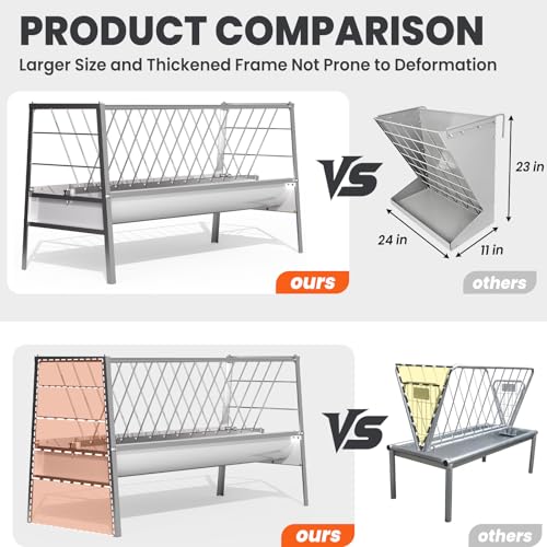 59" L Goat Hay Feeder 90 Gallon Large Capacity, Stainless Steel 2-in-1 Hay & Grain Feeder for Goats, Sheep, Horses | Freestanding Outdoor Farm Livestock Feeder, Easy Assembly