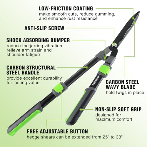 WORKPRO Extendable Hedge Shear, 25"-33" Manual Hedge Clipper/Bush Cutter | Gardening Shears with Steel Wavy Blade, Shock Absorbing Bumper, Ergonomic Handle for Pruning Borders & Shrubs - size: 25"-33"