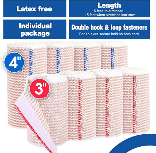 AZEN Premium 8 Pack Elastic Bandage Wrap (4x3", 4x4"), Compression Wrap Bandage for Legs, Ankle, Knee, Tummy, Body, Latex-Free, Lymphedema Wraps for Legs - color: Mix 8p (3in & 4in)