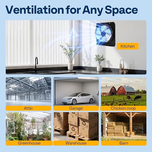VIVOHOME 12" Shutter Exhaust Fan with EC Motor | 1300 CFM with Thermostat, Variable Speed, Timer, Wall-Mounted for Attic, Garage, Greenhouse, Chicken Coop, Barn Ventilation - size: 12"