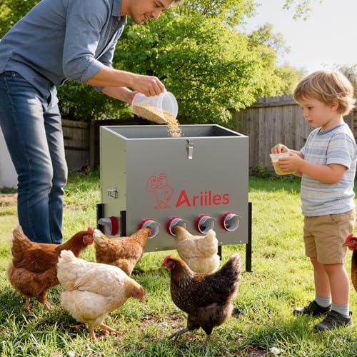 Automatic Chicken Feeder, Metal Poultry Feeder, Chicken Feeders | 100LB Poultry Feeder With Stand & 10 Ports. Includes Bonus Vegetable Net, Feeder Sealant And Anchor Stakes For Chicken. - size: 100 LB