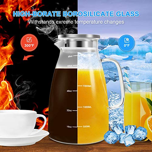 Aofmee Glass Pitcher with Lid and Handle, Glass Water Pitchers, 2 Liter | Thickened Borosilicate Glass Iced Tea Pitcher, Drip-free Spout, Heat Resistant, Stovetop Dishwasher Safe Jug Jar - size: 68oz
