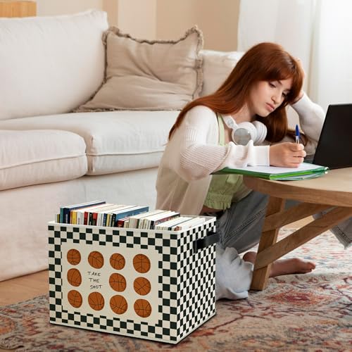 Vintage Basketball Nursery Storage Bins Box with Handles, Black and White Checkered Basketball Sports Collapsible Basket Organizer for Kids Boys Bedroom Playroom Bathroom Books Clothes - color: Color21