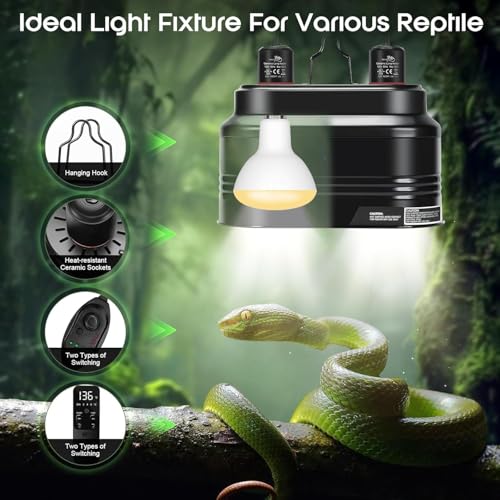 MECESOR Dual Reptile Light Fixture, Double Reptile Heat Lamp Fixture with Independent Thermostat Control & Timer Dimming Function Reflector Dome Lamp Fixture for Bearded Dragon, Lizard Terrarium