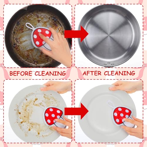 12 Pcs Red Mushroom Sponge Dish Scrubber Dual Sided Non Scratch Dish Washing Scrubbers Reusable Household Cleaning Kitchen Tools for Dishwashing Washing Dishes Cookware Tubs Sinks - style: Red Mushroom