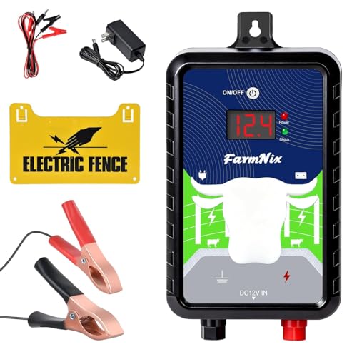 15 Miles Electric Fence Charger, 4 Joules Energy Output 12KV Output Voltage, AC DC Electric Fence Energizer with LED Display for Preventing Wild Animals Intruding Great for Gardens, Poultry - color: Black