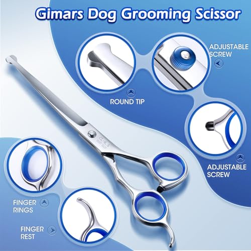 Gimars Professional 5 in 1 Grooming Scissors for Dogs 4CR with Safety Round Tip, Heavy Duty Titanium Coated Straight & Thinning & Curved Shears - style: Professional Blue 5 in 1