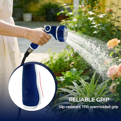 HugeDawn Garden Hose Nozzle with 7 Spray Patterns, Heavy Duty Metal Sprayer 30% Greater Water Flow for Watering, Car Wash, Outdoor Cleaning (Blue) - color: Blue