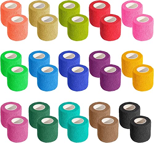 KISEER 30 Pack 2 Inch x 5 Yards Self Adhesive Bandage Assorted Color Breathable Cohesive Bandage Wrap Rolls Elastic Self-Adherent Tape for Stretch Athletic, Sports, Wrist, Ankle - size: 15 Foot (Pack of 30)