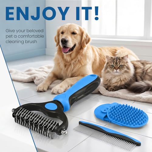 Double-Sided Pet Grooming Rake - 4-in-1 Professional Pet Grooming Kit Deshedding Dematting Tool for Dogs Cats Extra-Wide Grooming Brush & Deshedder Comb for Long & Short Haired Pets (Blue Kit 4PCS) - color: Blue