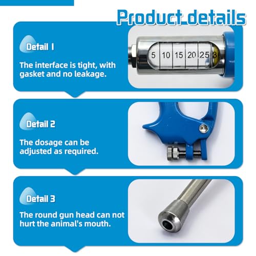 30ml Veterinary Drench Gun Adjustable Metal Oral Dosing Dispenser, Reusable Livestock Medicine Feeding Syringe, Durable Continuous Drenching Tool for Sheep, Cattle, Pig, Horse and Farm Animals (30ML)