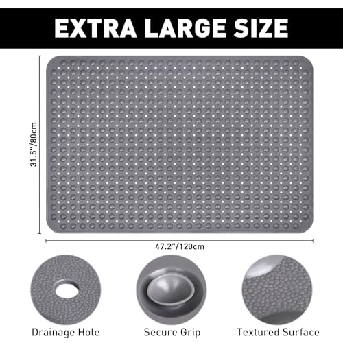 Shower Mat Non Slip: 47.2 x 31.5 Inch Extra Large TPE Shower Mats for Inside Shower - Anti Slip Shower Stall Matt with Drain Hole and Suction Cups for Elderly - color: Grey, size: 47.2" x 31.5" (Rectangular)