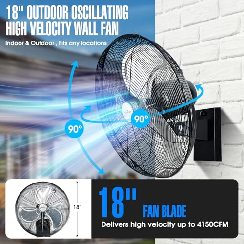iLiving 18" Outdoor Oscillating High Velocity Wall Fan with 4150 CFM Heavy Duty Weatherproof Motor, Variable Speed Adjustment for Workshop, Garage, Patios, Commercial and industrial, 18 inch,Black - size: 18-Inch