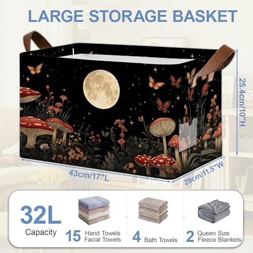 Mushroom Moon Storage Baskets,Butterfly Plants Foldable Organizer Bin with Handles for Home Living Room Bedroom Closet Box 17x11.5x10Inch - color: Mushroom Moon Butterfly Plants