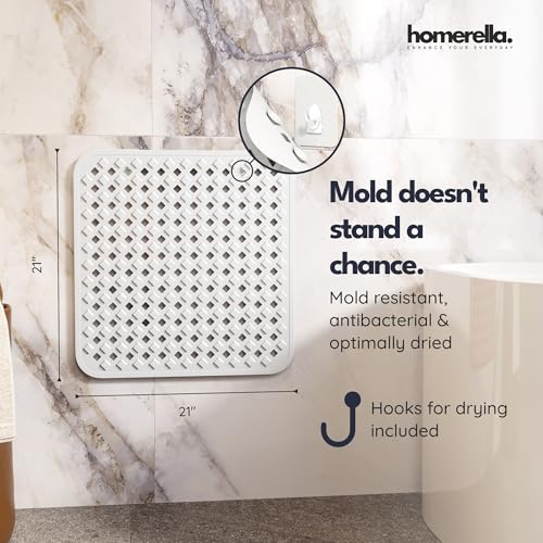homerella Square Shower Mat Non Slip Anti Mold 21x21 Anti Slip Shower Mat | 100% BPA Free, Mildew Resistant, Machine Washable, Shower Mats for Inside Shower, Shower Floor Mat Mat Non Slip EU Certified - color: White
