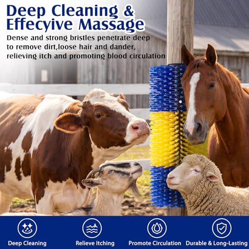 3 Pack Livestock Scratching Brush, Yellow and Blue | Animal Scratcher, Itch Relief Grooming, Horse Goat Cow Scratcher, Fence Post Mounting, Durable Bristles, Farm Livestock Care - color: Yellow and Blue