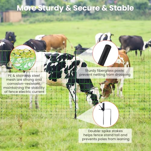 Electric Fence Netting, 49.6" H x 164'L Portable Livestock Nets for Cattle | Sheep, Goat, Hogs, Larger Animals, Electric Fencing with 14 Pre-Assembled Double-Spiked Posts for Backyards, Ranches, Farms