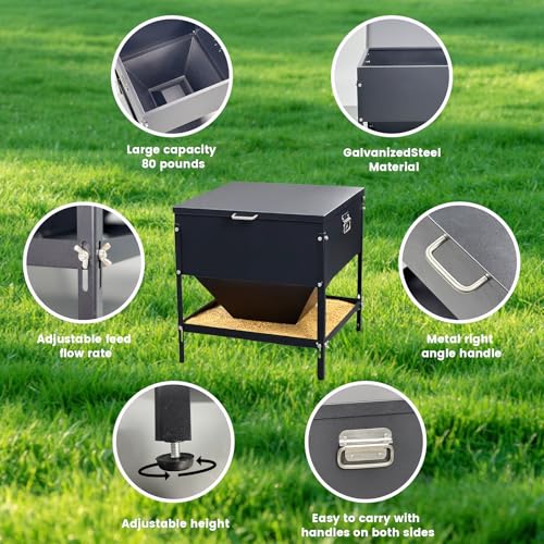 All Metal Chicken Feeding with Waterproof Lid and Handle，Adjustable 80 lbs Large Capacity No Waste Portable Automatic Chicken Feeder,for Chickens and Duck Poultry and Other Birds