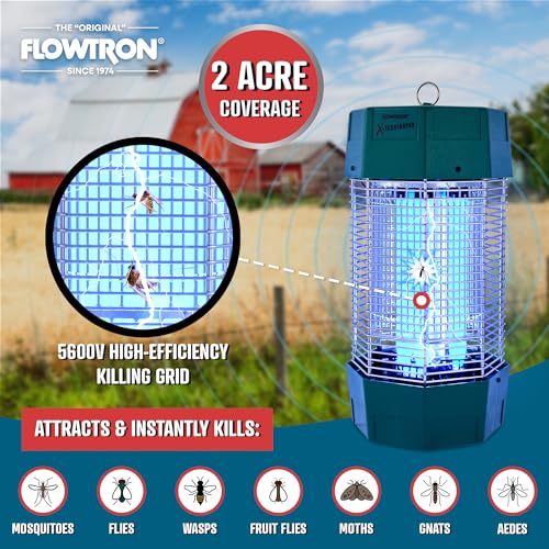 Flowtron Bug Zapper, 2 Acres Outdoor, 120W UV, 5600V, Octenol, Made in USA | Bug zapper for farms, commercial spaces, and large yards - UV and octenol kill mosquitoes, flies, and gnats - CSA certified