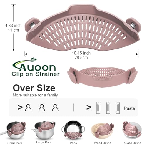 AUOON Pot Strainer Clip on Silicone, Large 10.45 x 4.33 in, Almond Rose | Fits Pots Pans Bowls, Dishwasher Safe, for Pasta Noodles Vegetable Fruits, Space-saving Kitchen Gadget - color: Almond Rose, size: Large 10.45 x 4.33 in