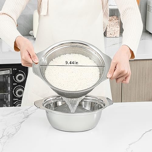 Paoli 304 Stainless Steel Fine Mesh Colander Set, 2.5QT Large Capacity Strainer with Mixing Bowl — Rinse Fruits, Veggies, Rice & Drain Pasta, Dishwasher Safe (2-Piece) - color: Primary color with handle, size: 2.5qt