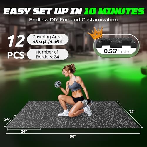 PRAISUN 0.56" Rubber Top Gym Flooring, Heavy Duty Gym Mats for Home Gym | Non-Slip Interlocking Workout Mat, 24 x 24in Large Gym Floor Mat, Protect Floors from Equipment, 48 Sq Ft, Black/Grey - size: 12 Tiles (48 Sq Ft)