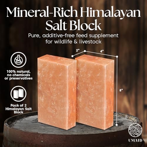 UMAID Himalayan Salt Block – 8x4x2 2-Pack – 100% Natural Mineral Salt Lick for Horses, Cows, Goats & Sheep – Animal Feed Supplement, Long-Lasting Salt Chunks - size: 5 Pound (Pack of 2)