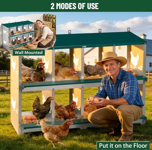 Chicken Nesting Box, 8 Compartments Nesting Box with 4 Fake Eggs & 10 Soft Nest Pads, Wall Mounting for Easy Egg Collection, Heavy Duty Galvanized Steel Rustproof Laying Box with Vented & Easy Clean - size: 8 compartment