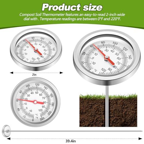 Tellegloww Compost Thermometer 39.4 Inch Stem Composting Soil Thermometer Waterproof Soil Temperature Thermometer, Fahrenheit and Celsius, Stainless Steel, with Composting Temperature Guide