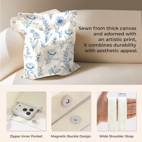 Cute Canvas Tote Bag for Women, Book Totebag with Zipper Pocket - color: Blue Line Floral