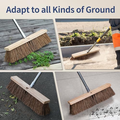 Heavy Duty 18" Push Broom with 65" Long Handle for Outdoor and Commercial | Large Wide Shop Broom, Stiff Palmyra Bristle Outside Broom Brush for Sweeping Concrete Floor, Garage, Patio, Yard, Lawn