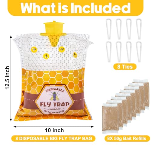 Large Hanging Fly Traps Outdoor with Dissolvable Bait Refills-8 Pack | Disposable 50g Pre-Baited Fly Hunter, Weatherproof Outdoor Fly Bags, Fly Catcher for Chicken Coop Barn Ranch Farm - size: 8 Packs