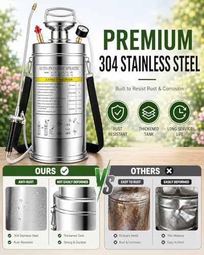 3.5 Gallon Stainless Steel Sprayer, Hand Metal Pump Up Sprayer Reinforced Hose with Pressure Gauge, Safety Valve & Adjustable Nozzle, Garden Weed Sprayers for Lawn, Gardening, Sanitizing - style: 3.5 Gal