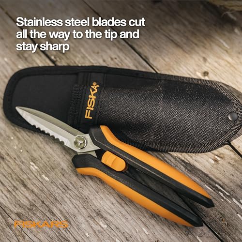 Fiskars 8" SoftGrip Pruning Shears, Multipurpose Garden Snips with Sheath | Heavy-Duty Scissors with Outer Serrated Edge, SoftGrip Handle, Great for Cutting Nursery Pots, Soil Bags & Wire - style: Snips