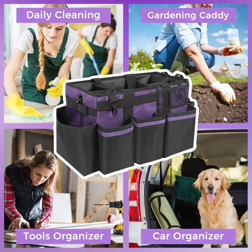 SCAVATA Wearable Cleaning Caddy, Cleaning Caddy Supplies Organizer with Handle & Shoulder Straps for Housekeepers, Under Sink & Car Cleaning Tool Organizers Bag with 4 Foldable Divider (Purple) - color: Purple