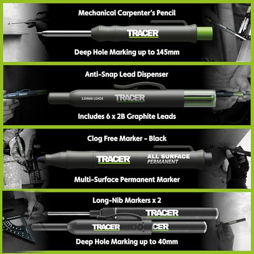 Tracer Construction Pencil Kit - Carpenter Pencils w/Markers - 5pc Set | 5-piece carpenter pencil set with deep hole marking pens, heavy-duty clog-free marker, 2.8mm leads, and magnetic case - style: 5pc Set