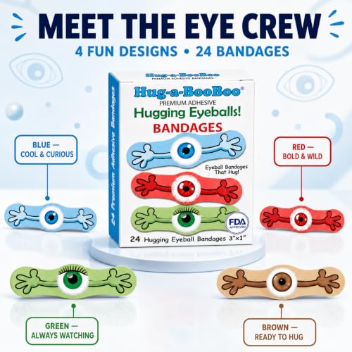 Hugging Eyeballs! Super Fun Eyeball Adhesive Bandages from Hug-a-BooBoo, The Amazing Bandages that Hug! Hugging Eyeball Characters with Arms! 24 Ct Box - size: 24ct, style: Hugging Eyeballs