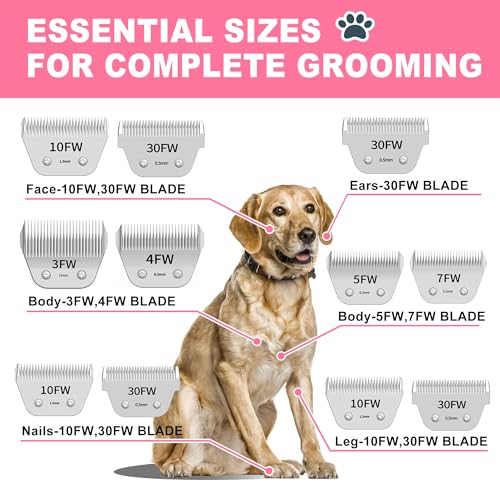 Detachable Pet Clipper Wide Blades Dog Grooming Clipper Replacement Ceramic Blades Set, Compatible with Andis, Wahl, Oster(Size 10FW+7FW+5FW+4FW,Cut Length1.5mm-9.5mm) - size: 10FW+7FW+5FW+4FW