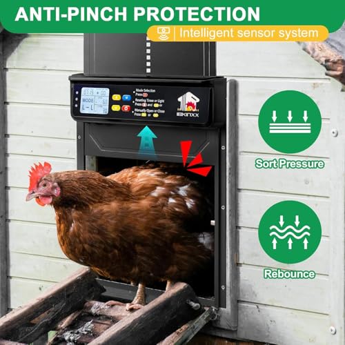 Automatic Chicken Coop Door Solar Powered with Timer, Light Sensor, Remote Control, LCD Display, Aluminum Alloy 4 Auto Modes Wide Size Chicken House Door, Anti-Pinch, Weatherproof, USB Backup, Black - color: Upgraded Black