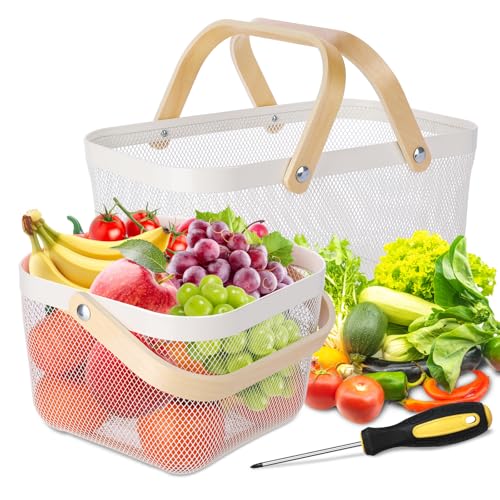 2 Pack Garden Harvest Basket, Metal Mesh Wire Picnic Basket with Handle | for Picnic, Vegetable Gathering, Fruit Picking, Kitchen Storage, White, Sturdy, Lightweight, Home Closet, Office, Gift. - color: White