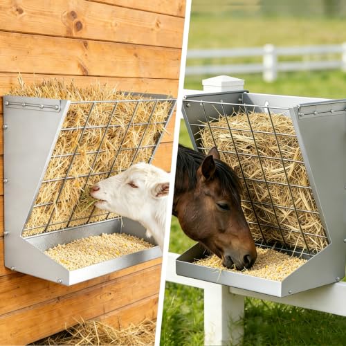 2 in 1 Wall Mount Hay and Grain Feeder, 25 Gallons Livestock Feeder | Galvanized Steel Wall Hay Rack, Hanging Hay Feeder with Mounting Kit for Goats Sheep Horse, Slow Feeder for Goats with Trough