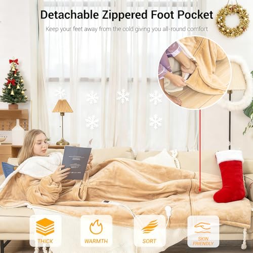 Electric Snuggle Blanket Wearable Heating Blanket with Removable FootPocket,Heated Robe for Women Heated Blanket Hoodie with Sleeves Full Body Heating Throw Shawl with 9 Temp 50"x80" for Women - color: Orange, size: 50"×80"