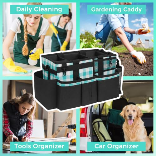 SCAVATA Wearable Cleaning Caddy, Cleaning Caddy Supplies Organizer with Handle & Shoulder Straps for Housekeepers, Under Sink & Car Cleaning Tool Organizers Bag with 4 Foldable Divider (BluePlaid) - color: BluePlaid